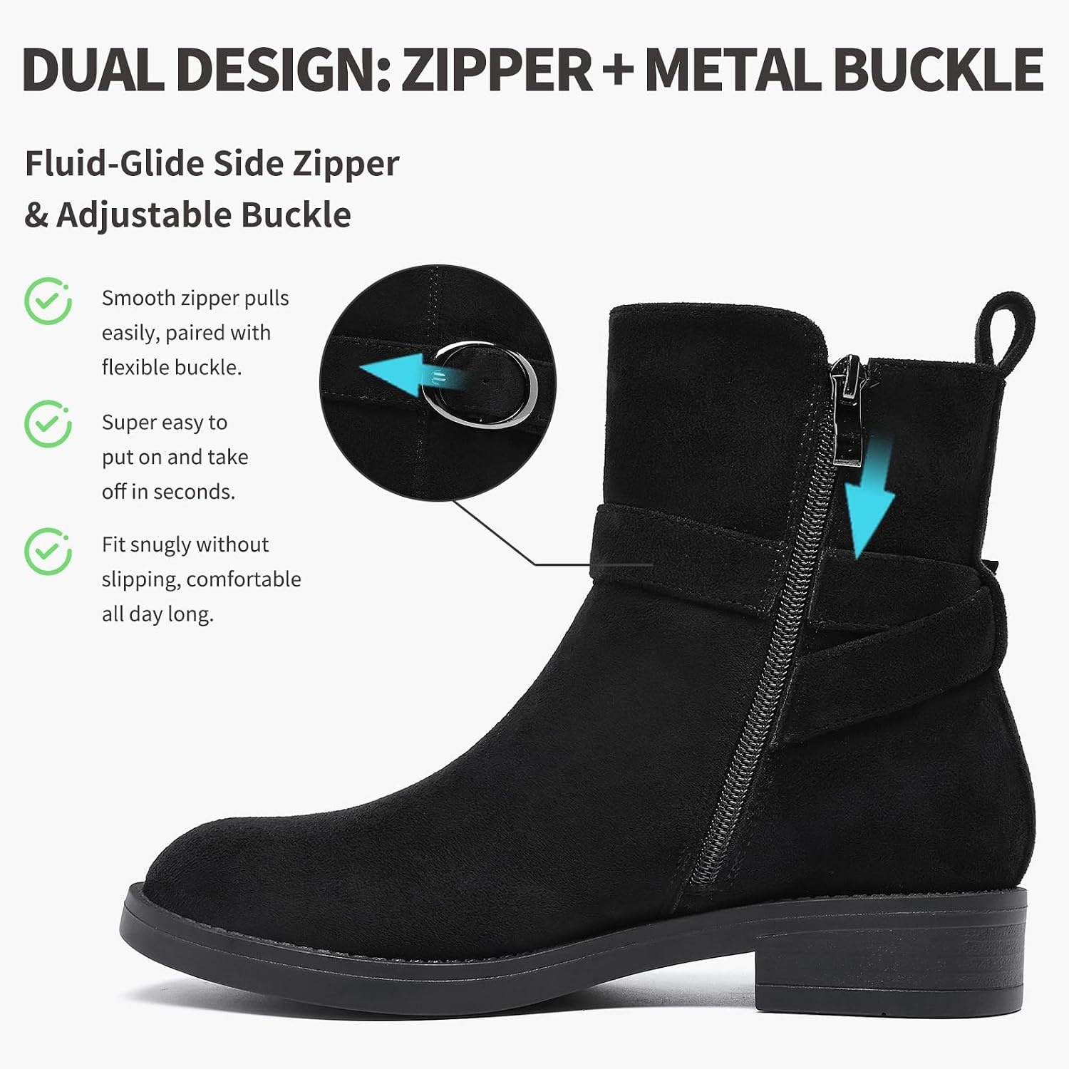image:imageWomens Mid Ankle Boots Waterproof Rain Boots for Fall Winter Low Heel ZipBlack Suede