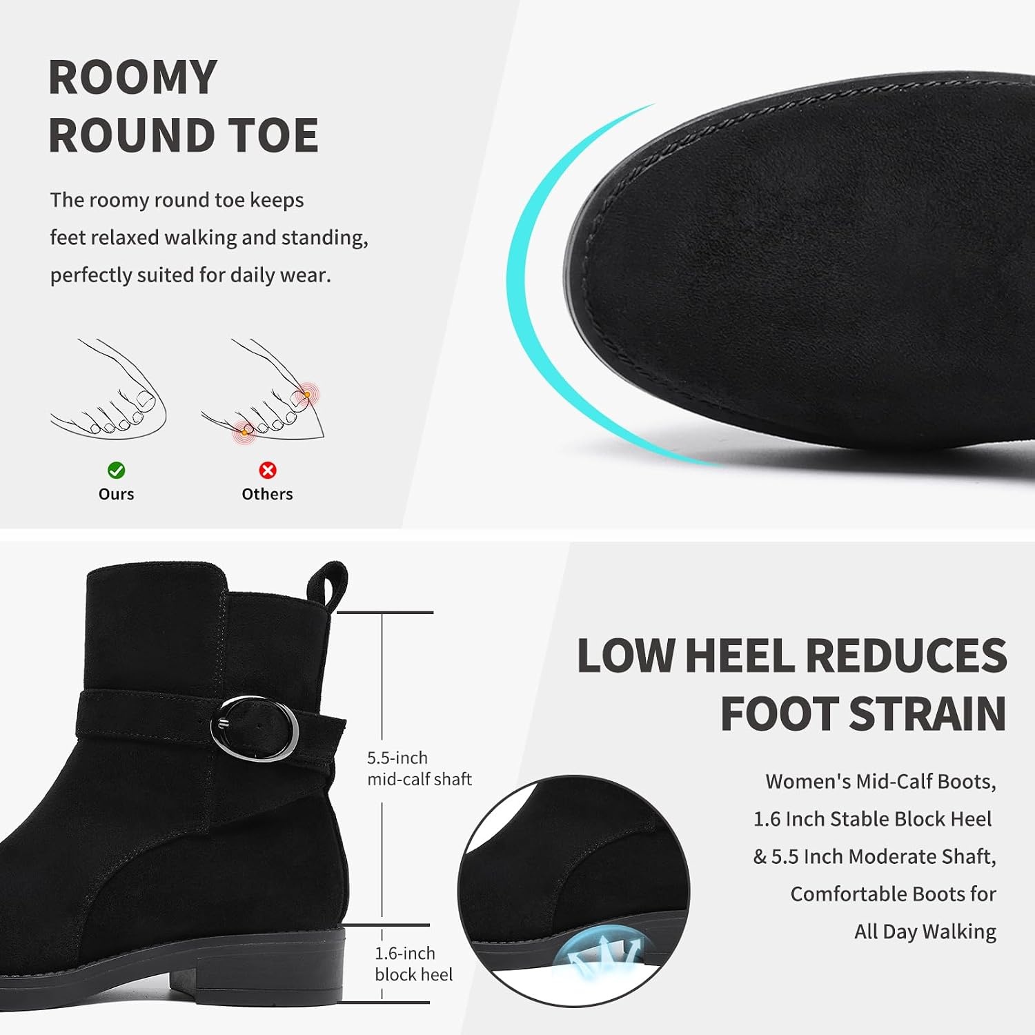 image:imageWomens Mid Ankle Boots Waterproof Rain Boots for Fall Winter Low Heel ZipBlack Suede